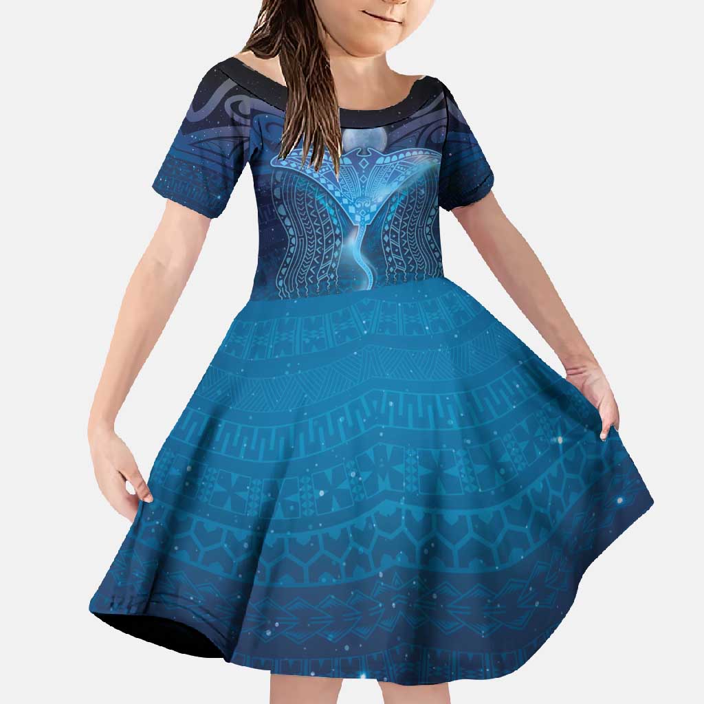 Polynesia Manta Ray Family Matching Tank Maxi Dress and Hawaiian Shirt Let's The Sea Set You Free LT05 Daughter's Dress Blue - Polynesian Pride