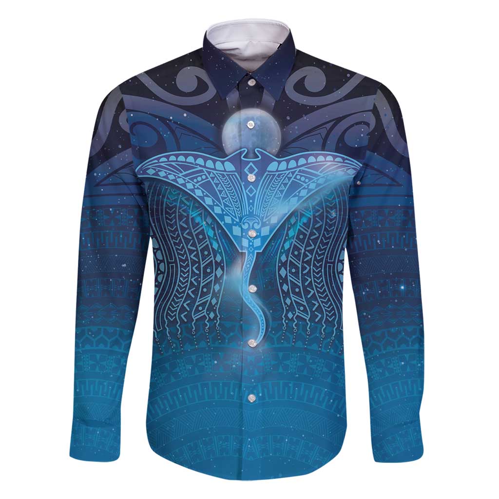 Polynesia Manta Ray Family Matching Tank Maxi Dress and Hawaiian Shirt Let's The Sea Set You Free LT05 Dad's Shirt - Long Sleeve Blue - Polynesian Pride