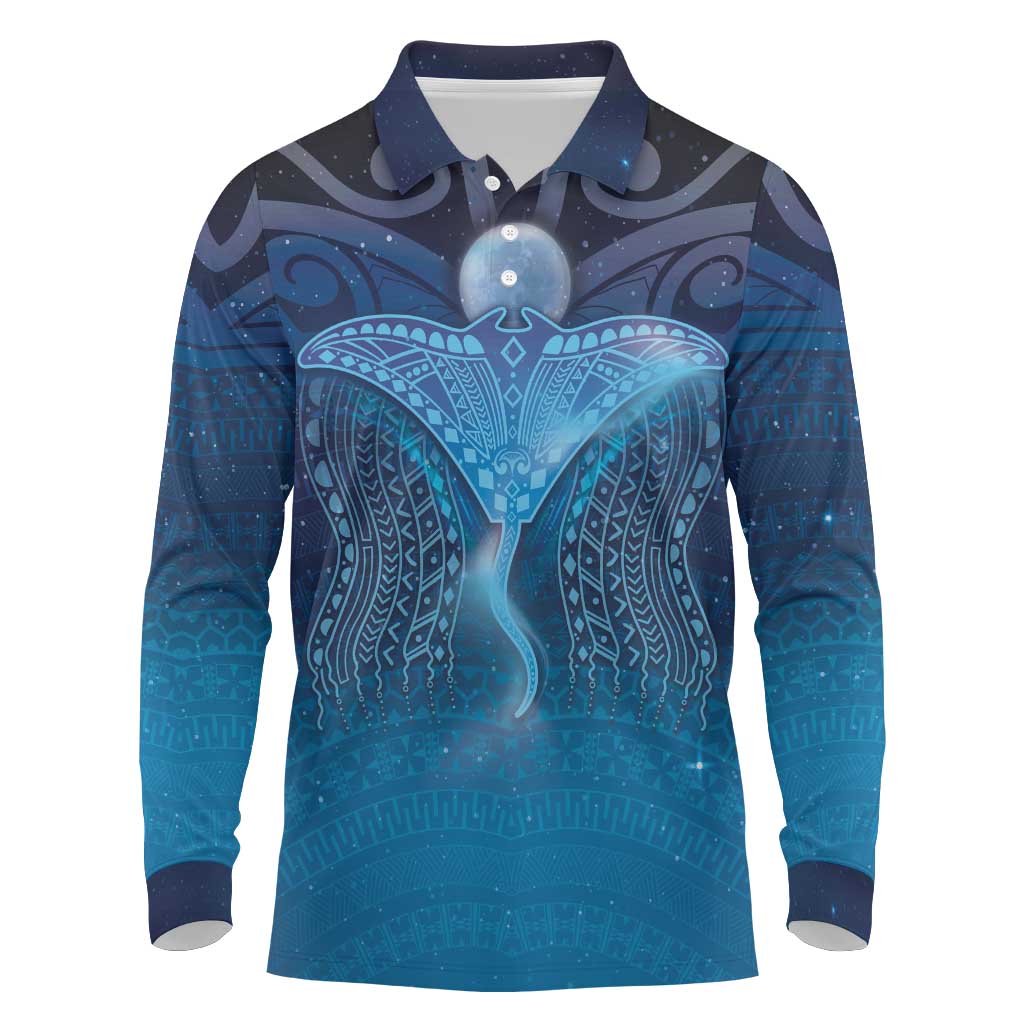 Polynesia Manta Ray Long Sleeve Polo Shirt Let's The Sea Set You Free - Polynesian Pride