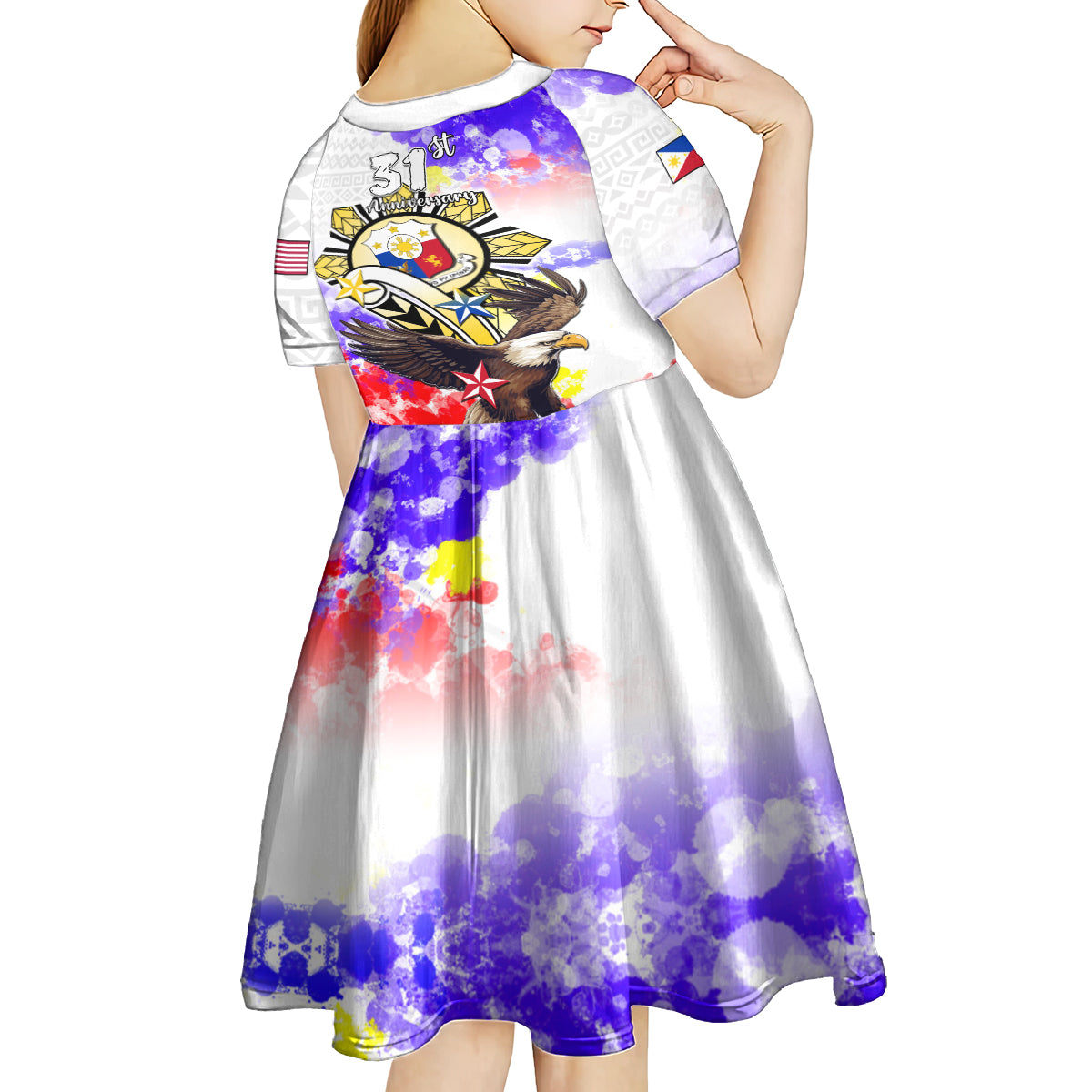 Filipino American History Month Kid Short Sleeve Dress The Eight-Rayed Sun Flags With Bald Eagle LT05 - Polynesian Pride