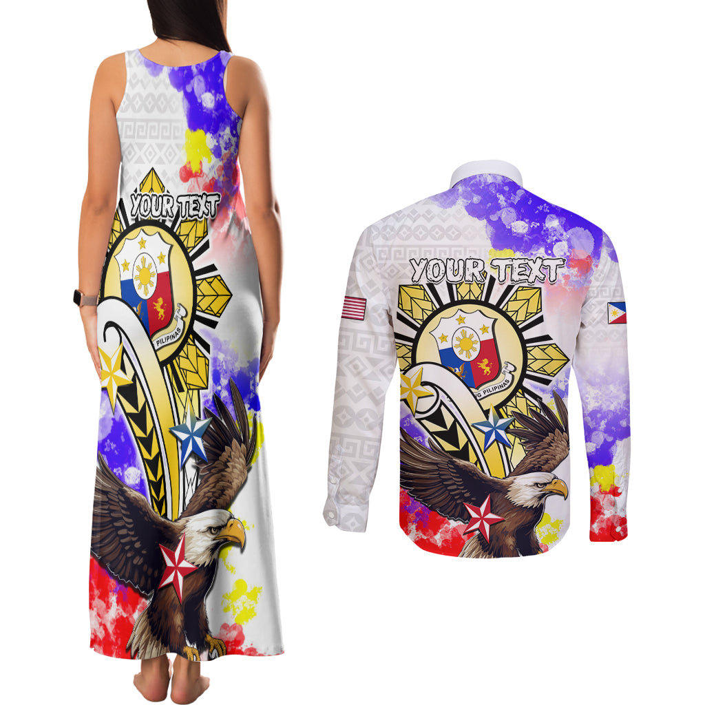 Personalized Filipino American History Month Couples Matching Tank Maxi Dress and Long Sleeve Button Shirts The Eight-Rayed Sun Flags With Bald Eagle LT05 - Polynesian Pride