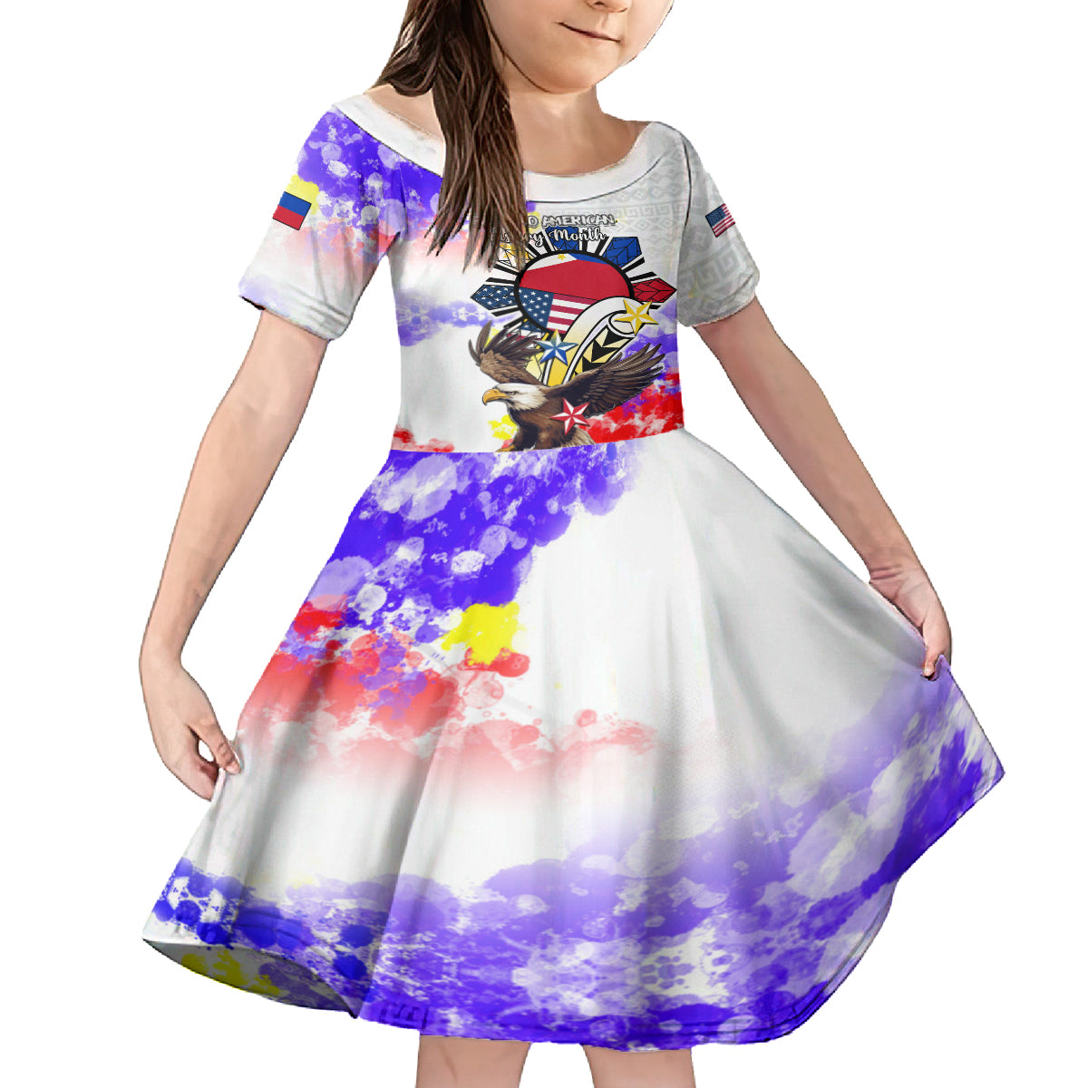 Personalized Filipino American History Month Family Matching Off Shoulder Long Sleeve Dress and Hawaiian Shirt The Eight-Rayed Sun Flags With Bald Eagle LT05 Daughter's Dress White - Polynesian Pride