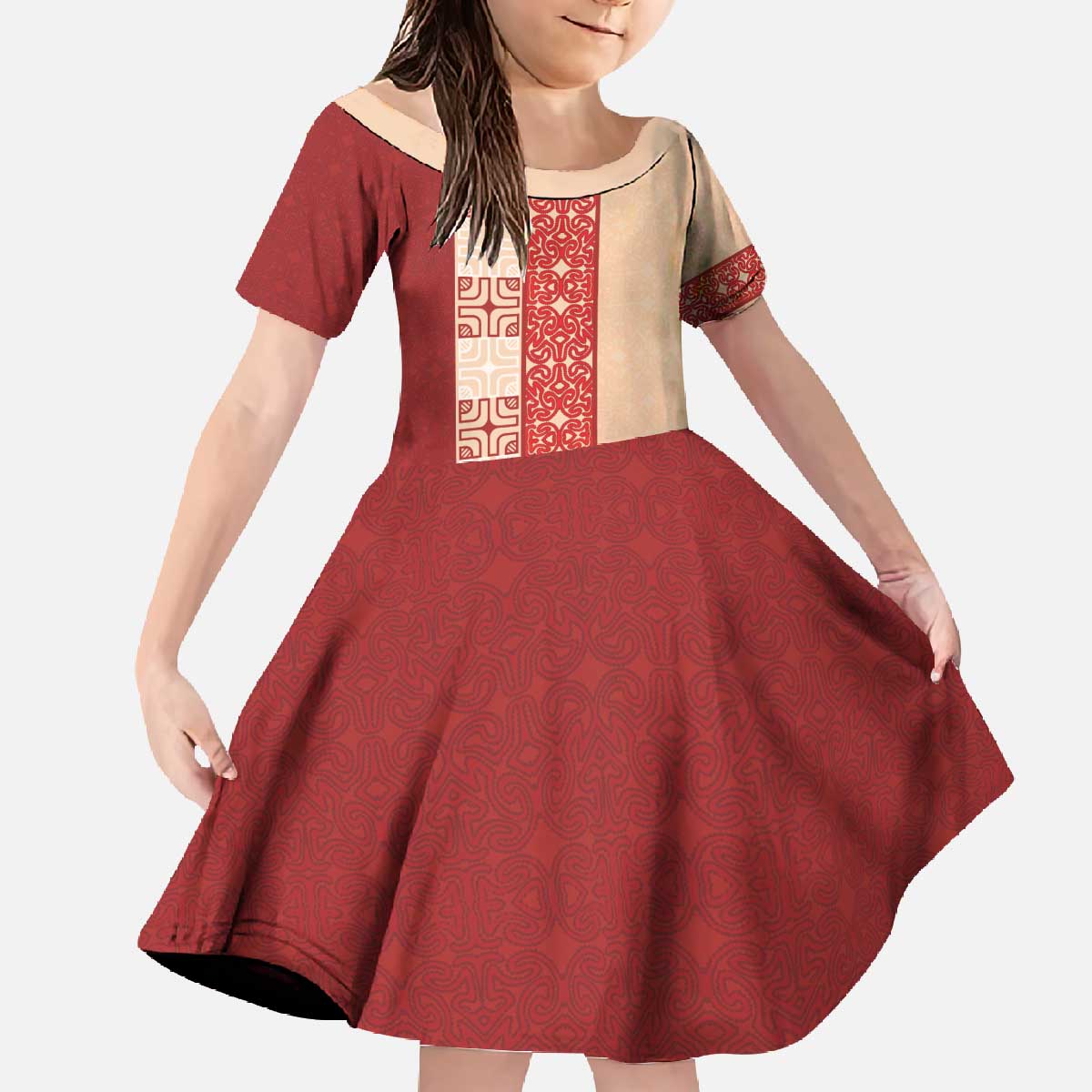 Papua New Guinea Family Matching Off The Shoulder Long Sleeve Dress and Hawaiian Shirt Oro Tapa Pattern LT05 Daughter's Dress Beige - Polynesian Pride