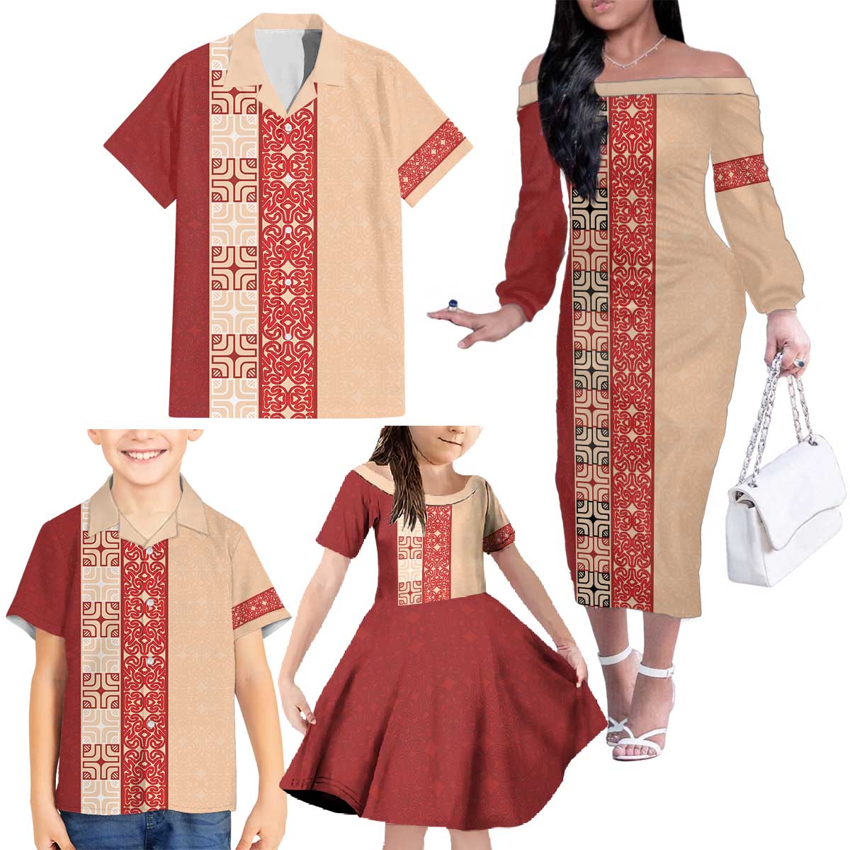 Papua New Guinea Family Matching Off The Shoulder Long Sleeve Dress and Hawaiian Shirt Oro Tapa Pattern LT05 - Polynesian Pride