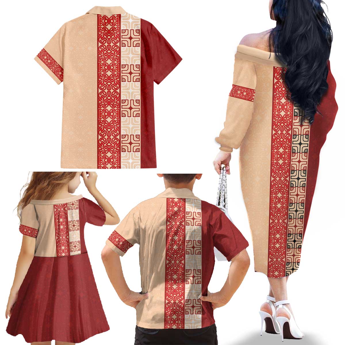 Papua New Guinea Family Matching Off The Shoulder Long Sleeve Dress and Hawaiian Shirt Oro Tapa Pattern LT05 - Polynesian Pride