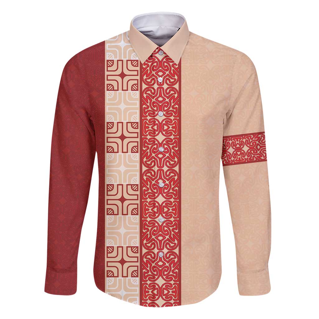 Papua New Guinea Family Matching Off Shoulder Maxi Dress and Hawaiian Shirt Oro Tapa Pattern LT05 Dad's Shirt - Long Sleeve Beige - Polynesian Pride