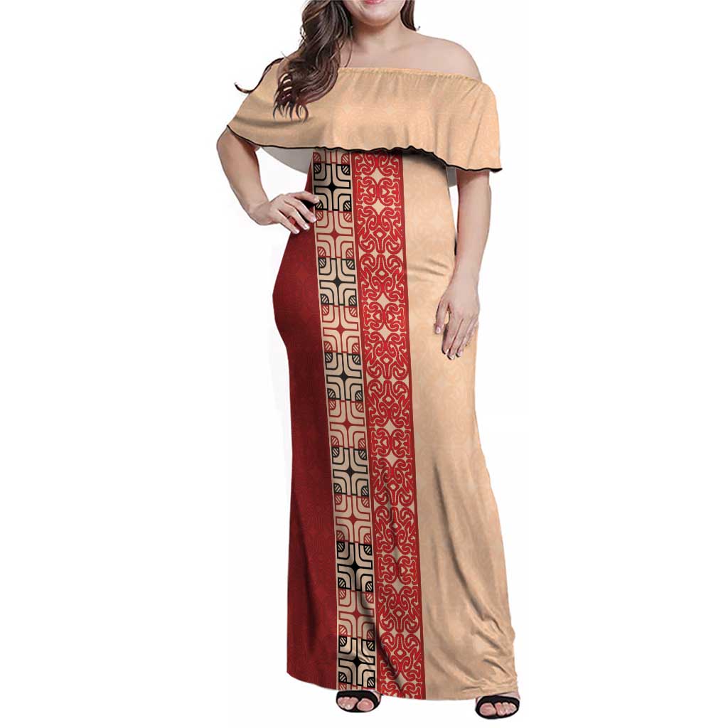Papua New Guinea Family Matching Off Shoulder Maxi Dress and Hawaiian Shirt Oro Tapa Pattern LT05 Mom's Dress Beige - Polynesian Pride