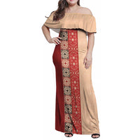 Papua New Guinea Family Matching Off Shoulder Maxi Dress and Hawaiian Shirt Oro Tapa Pattern LT05 Mom's Dress Beige - Polynesian Pride
