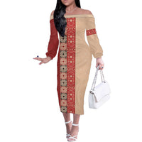 Papua New Guinea Off The Shoulder Long Sleeve Dress Oro Tapa Pattern LT05 Women Beige - Polynesian Pride