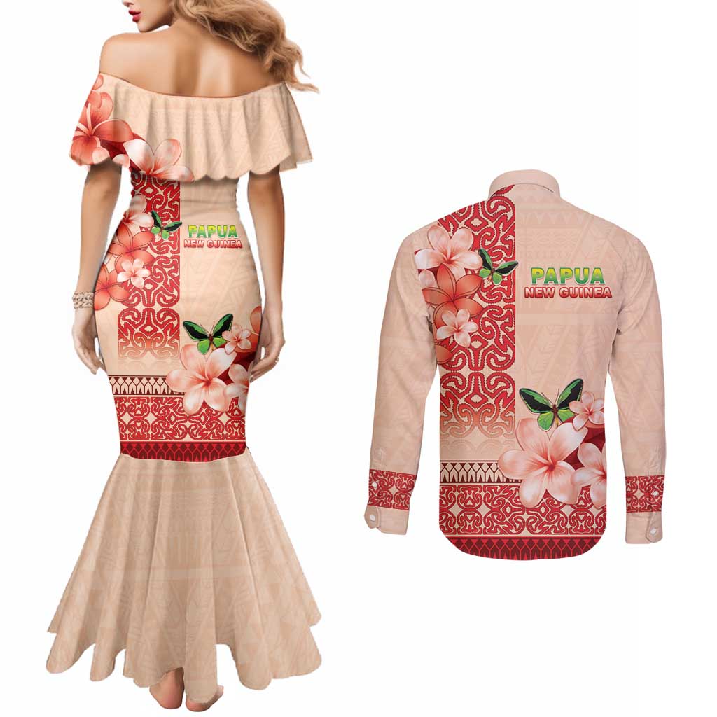 Papua New Guinea Oro Province Couples Matching Mermaid Dress and Long Sleeve Button Shirt Oro Birdwing Butterfly LT05 - Polynesian Pride