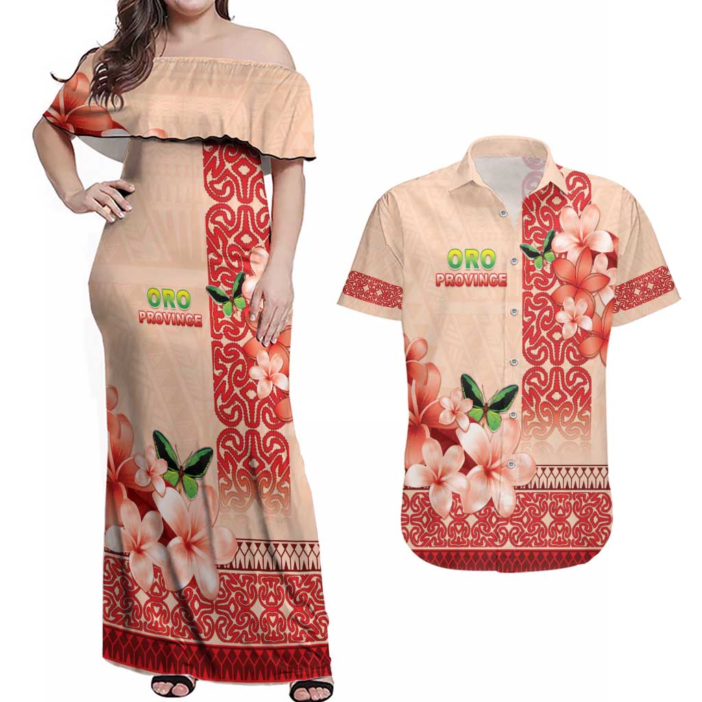 Papua New Guinea Oro Province Couples Matching Off Shoulder Maxi Dress and Hawaiian Shirt Oro Birdwing Butterfly LT05 Beige - Polynesian Pride