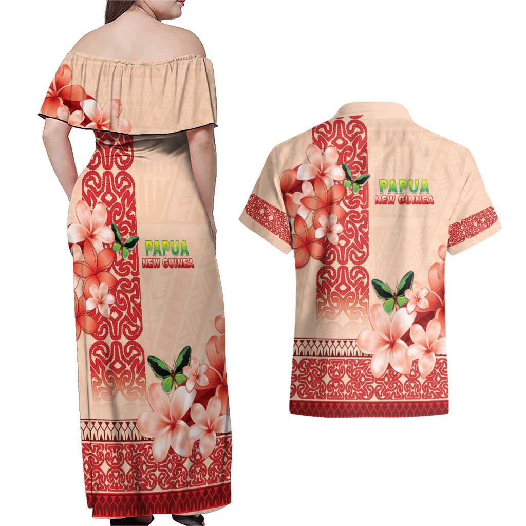 Papua New Guinea Oro Province Couples Matching Off Shoulder Maxi Dress and Hawaiian Shirt Oro Birdwing Butterfly LT05 - Polynesian Pride