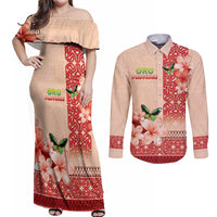 Papua New Guinea Oro Province Couples Matching Off Shoulder Maxi Dress and Long Sleeve Button Shirt Oro Birdwing Butterfly LT05 Beige - Polynesian Pride