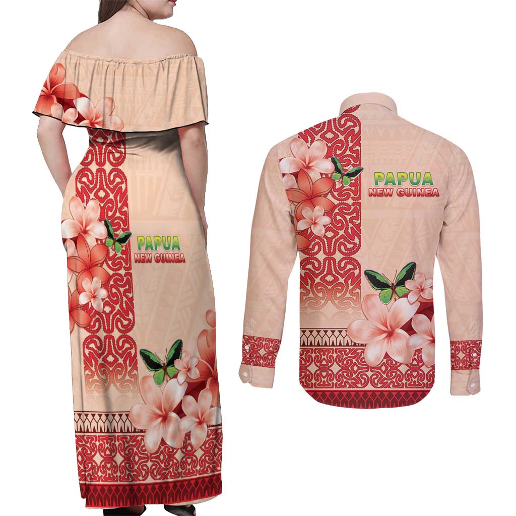 Papua New Guinea Oro Province Couples Matching Off Shoulder Maxi Dress and Long Sleeve Button Shirt Oro Birdwing Butterfly LT05 - Polynesian Pride