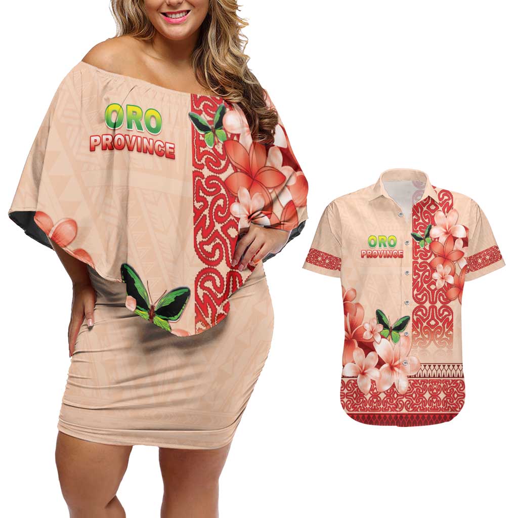 Papua New Guinea Oro Province Couples Matching Off Shoulder Short Dress and Hawaiian Shirt Oro Birdwing Butterfly LT05 Beige - Polynesian Pride