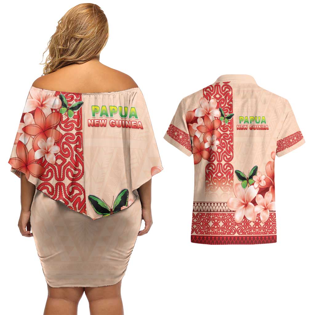 Papua New Guinea Oro Province Couples Matching Off Shoulder Short Dress and Hawaiian Shirt Oro Birdwing Butterfly LT05 - Polynesian Pride