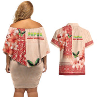 Papua New Guinea Oro Province Couples Matching Off Shoulder Short Dress and Hawaiian Shirt Oro Birdwing Butterfly LT05 - Polynesian Pride