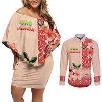 Papua New Guinea Oro Province Couples Matching Off Shoulder Short Dress and Long Sleeve Button Shirt Oro Birdwing Butterfly LT05 Beige - Polynesian Pride