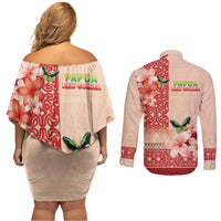 Papua New Guinea Oro Province Couples Matching Off Shoulder Short Dress and Long Sleeve Button Shirt Oro Birdwing Butterfly LT05 - Polynesian Pride