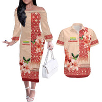Papua New Guinea Oro Province Couples Matching Off The Shoulder Long Sleeve Dress and Hawaiian Shirt Oro Birdwing Butterfly LT05 Beige - Polynesian Pride