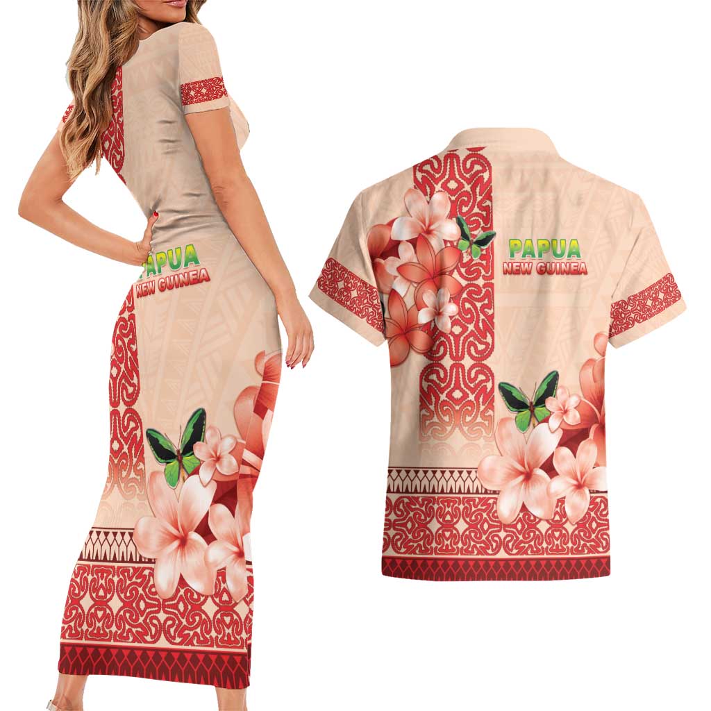 Papua New Guinea Oro Province Couples Matching Short Sleeve Bodycon Dress and Hawaiian Shirt Oro Birdwing Butterfly LT05 - Polynesian Pride