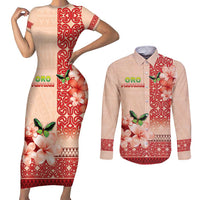 Papua New Guinea Oro Province Couples Matching Short Sleeve Bodycon Dress and Long Sleeve Button Shirt Oro Birdwing Butterfly LT05 Beige - Polynesian Pride