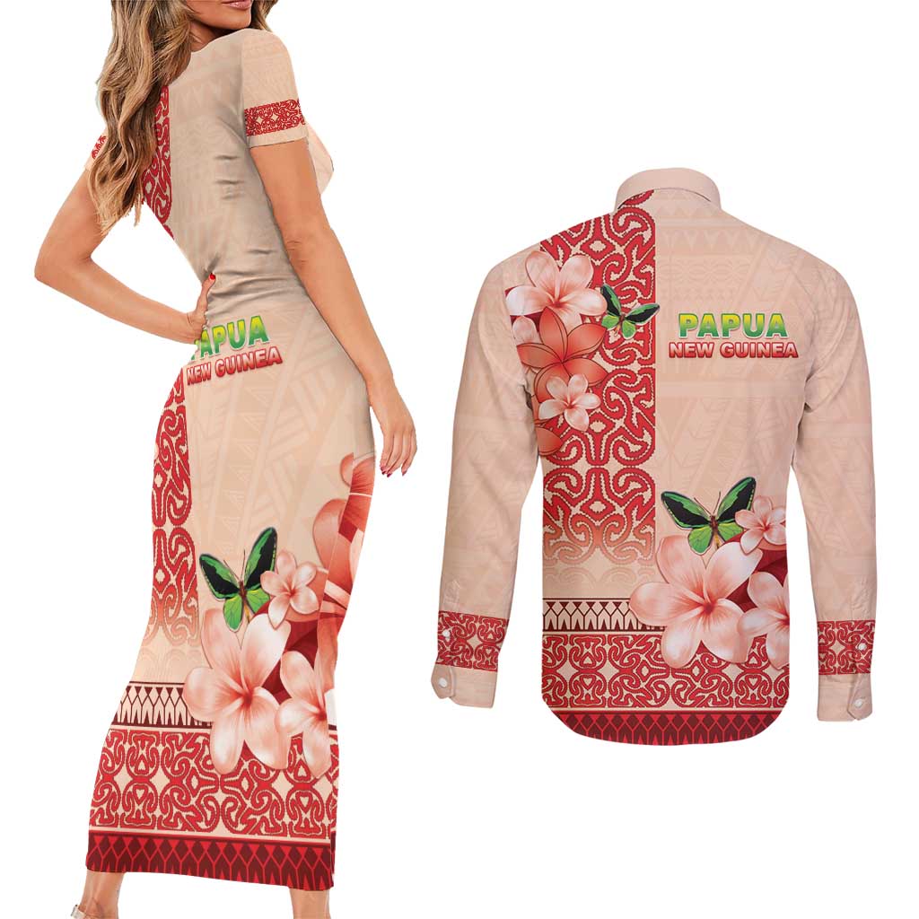 Papua New Guinea Oro Province Couples Matching Short Sleeve Bodycon Dress and Long Sleeve Button Shirt Oro Birdwing Butterfly LT05 - Polynesian Pride