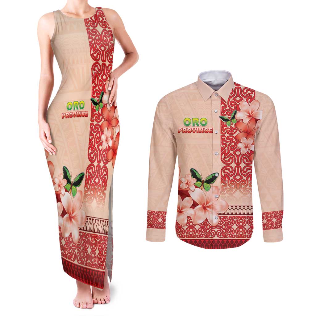 Papua New Guinea Oro Province Couples Matching Tank Maxi Dress and Long Sleeve Button Shirt Oro Birdwing Butterfly LT05 Beige - Polynesian Pride