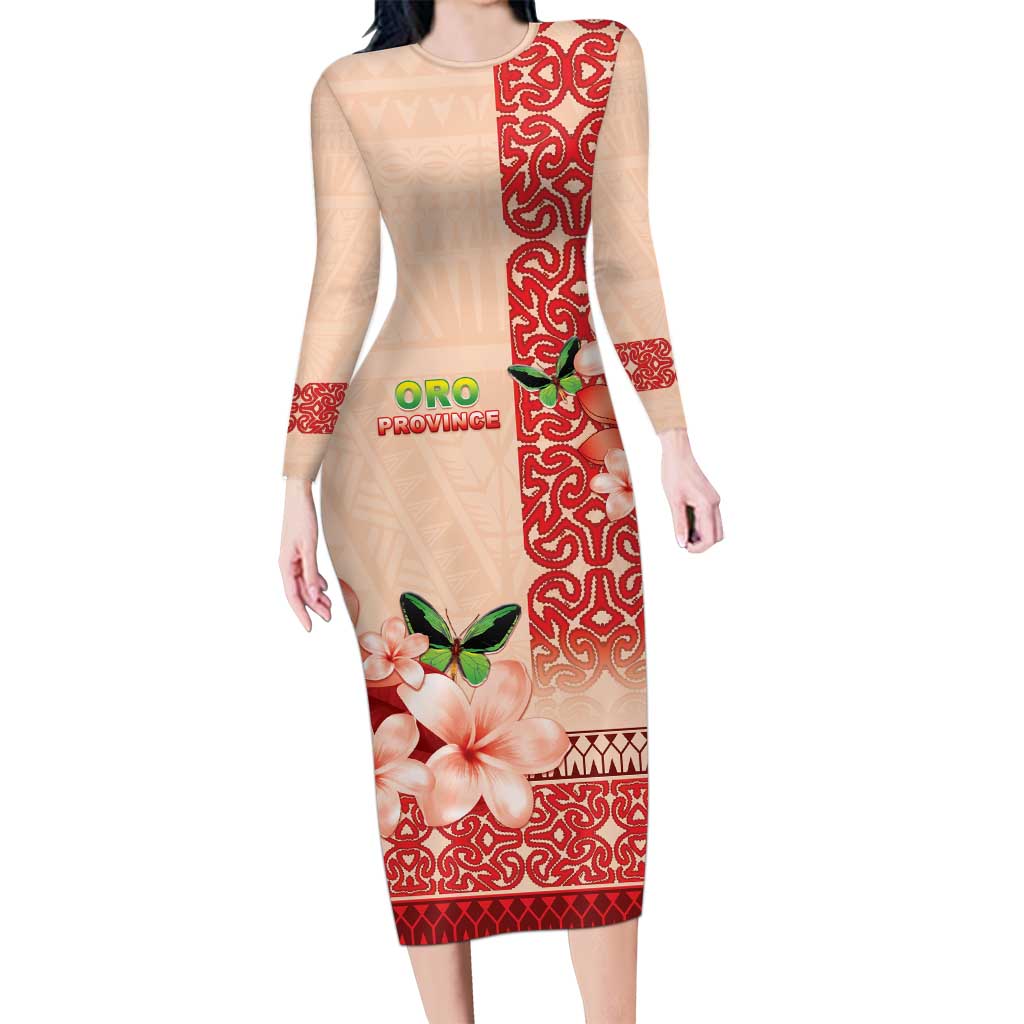 Papua New Guinea Oro Province Family Matching Long Sleeve Bodycon Dress and Hawaiian Shirt Oro Birdwing Butterfly LT05 Mom's Dress Beige - Polynesian Pride