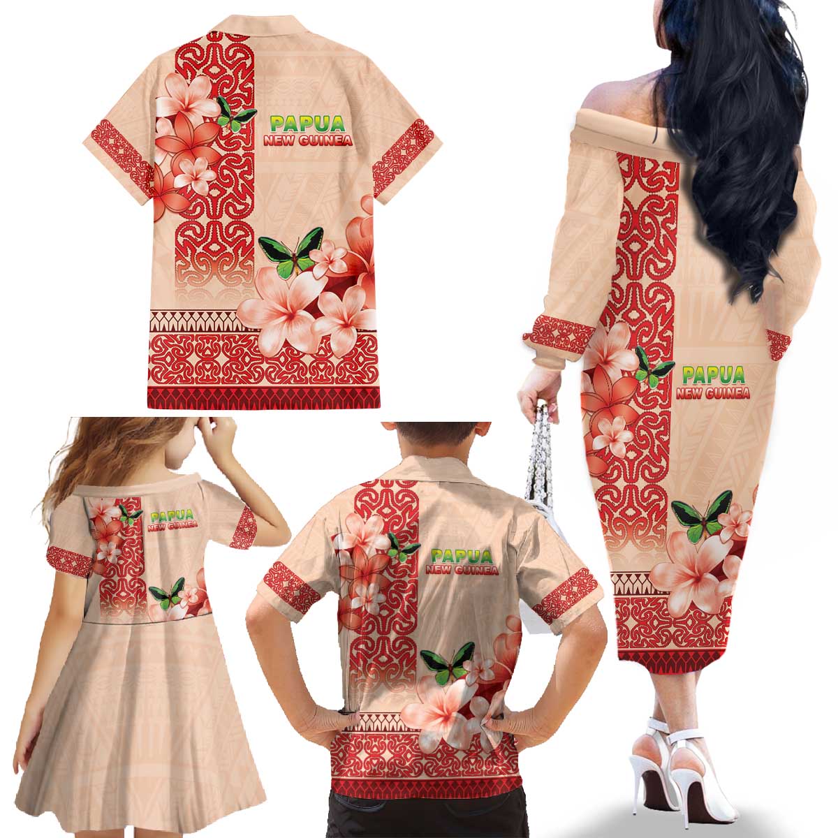 Papua New Guinea Oro Province Family Matching Off The Shoulder Long Sleeve Dress and Hawaiian Shirt Oro Birdwing Butterfly LT05 - Polynesian Pride