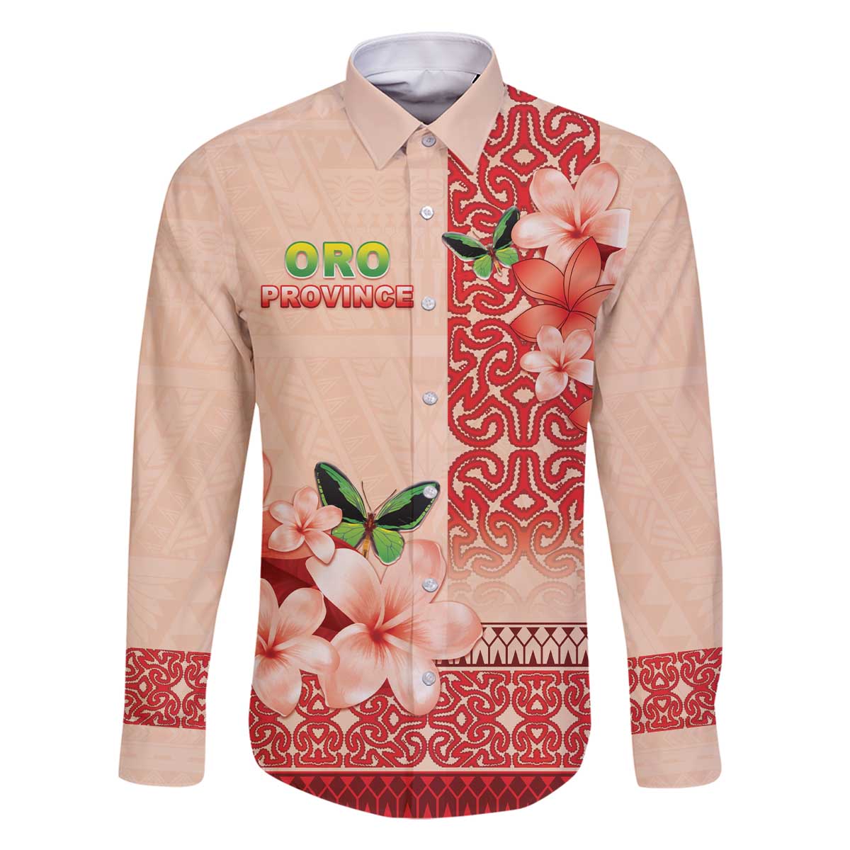 Papua New Guinea Oro Province Family Matching Off The Shoulder Long Sleeve Dress and Hawaiian Shirt Oro Birdwing Butterfly LT05 Dad's Shirt - Long Sleeve Beige - Polynesian Pride