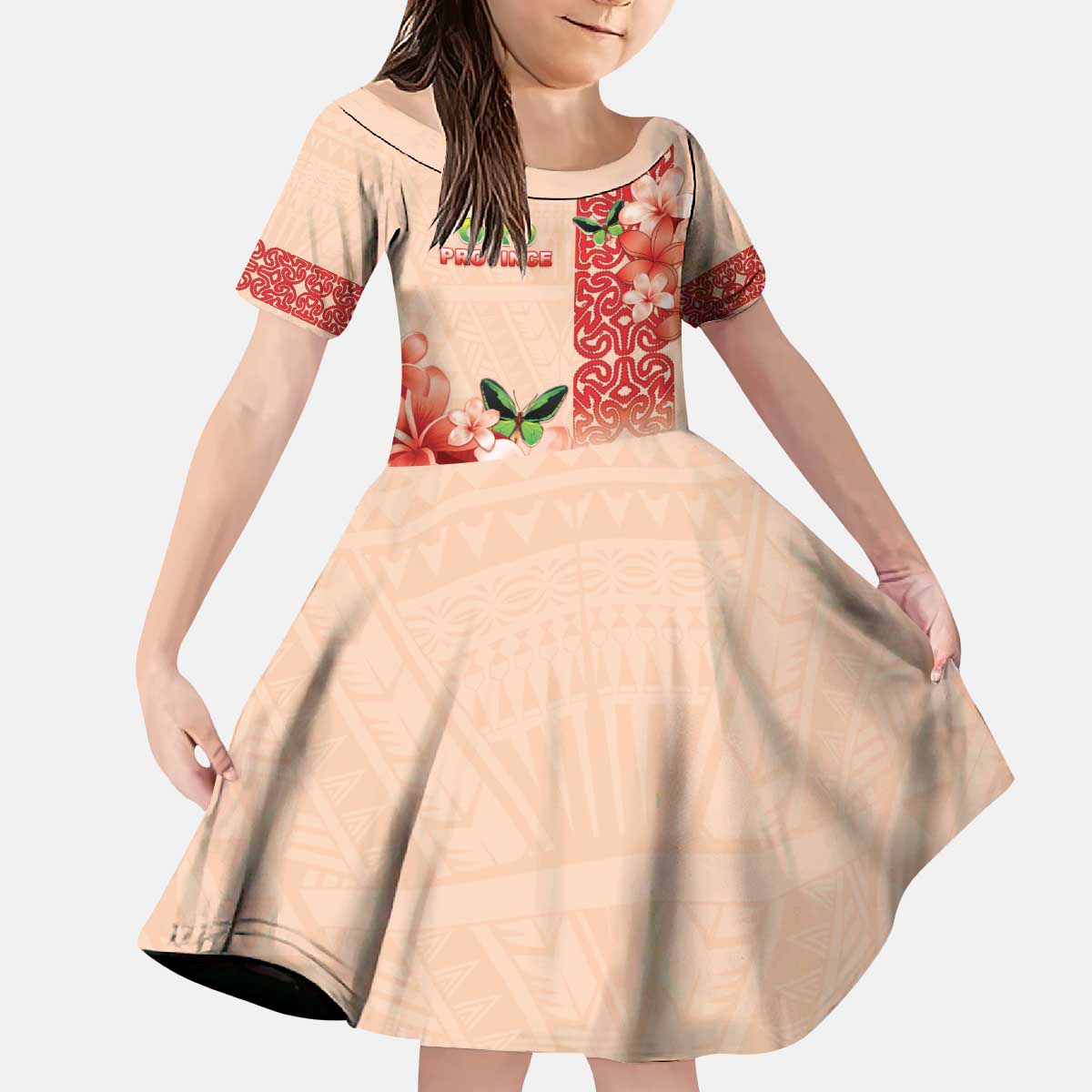 Papua New Guinea Oro Province Kid Short Sleeve Dress Oro Birdwing Butterfly LT05 KID Beige - Polynesian Pride