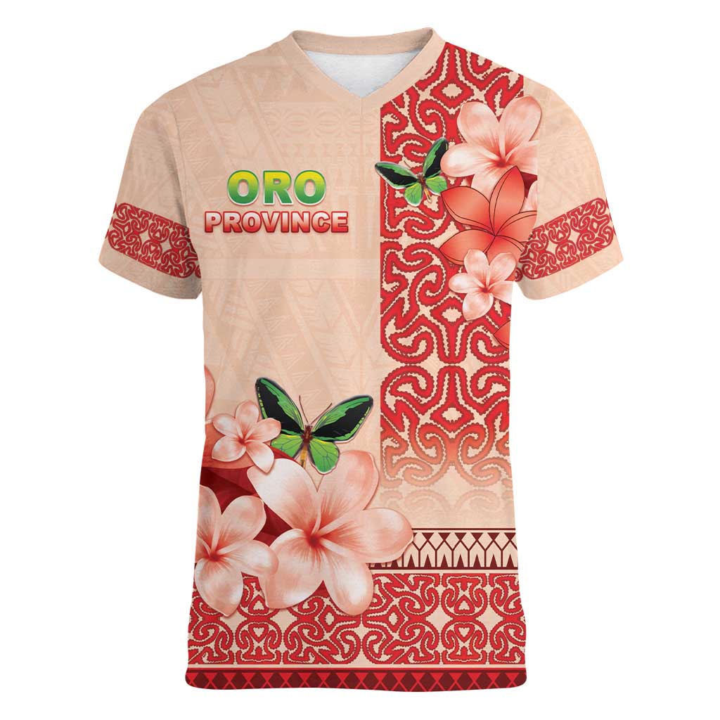Papua New Guinea Oro Province Women V-Neck T-Shirt Oro Birdwing Butterfly LT05 Female Beige - Polynesian Pride