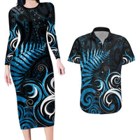 New Zealand Sea Week Couples Matching Long Sleeve Bodycon Dress and Hawaiian Shirt Maori Wave Pattern Ocean Blue LT05 Blue - Polynesian Pride