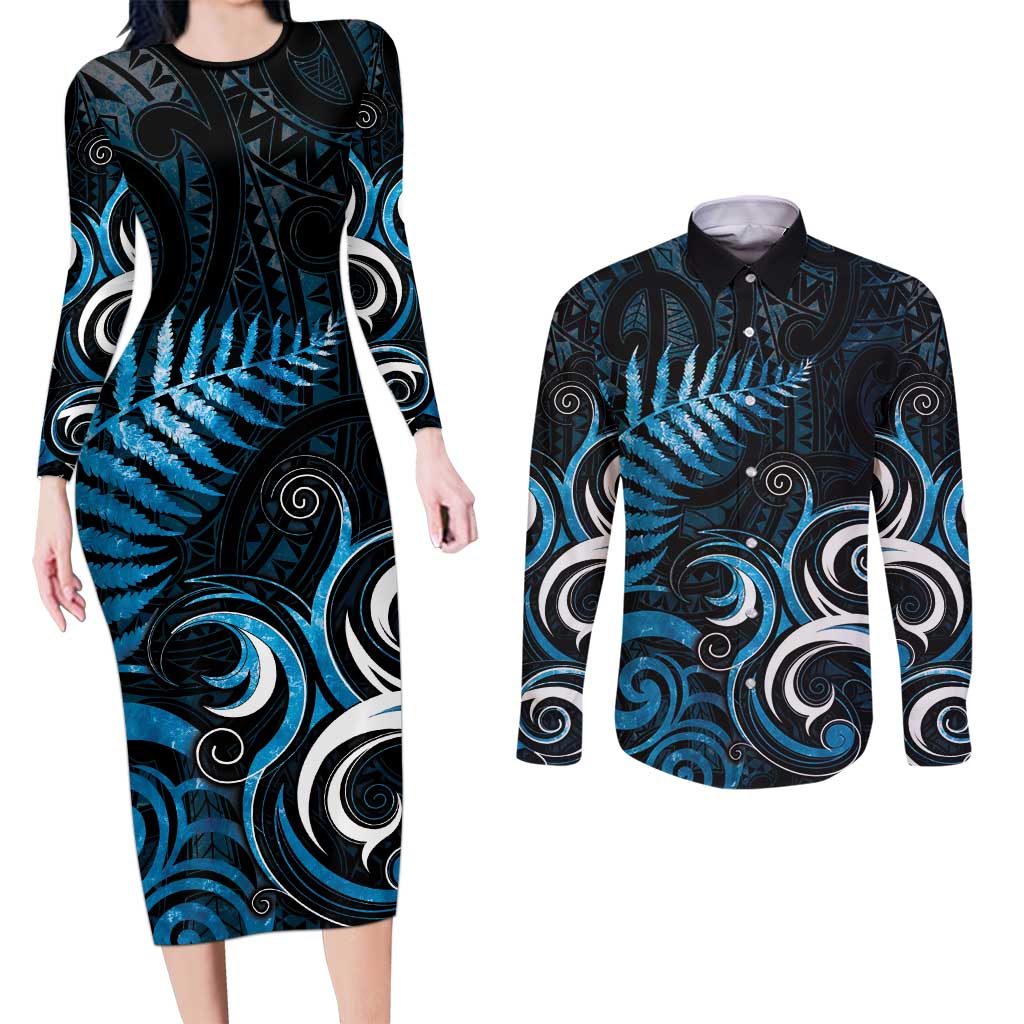 New Zealand Sea Week Couples Matching Long Sleeve Bodycon Dress and Long Sleeve Button Shirt Maori Wave Pattern Ocean Blue LT05 Blue - Polynesian Pride
