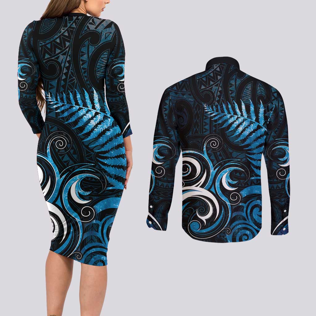 New Zealand Sea Week Couples Matching Long Sleeve Bodycon Dress and Long Sleeve Button Shirt Maori Wave Pattern Ocean Blue LT05 - Polynesian Pride