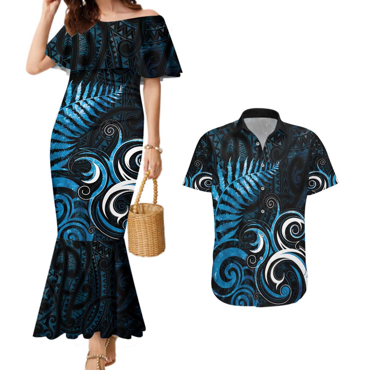 New Zealand Sea Week Couples Matching Mermaid Dress and Hawaiian Shirt Maori Wave Pattern Ocean Blue LT05 Blue - Polynesian Pride