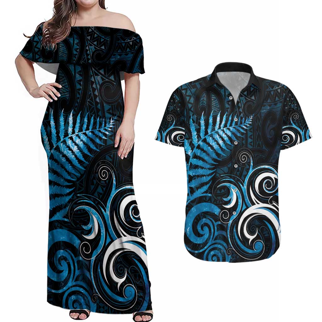 New Zealand Sea Week Couples Matching Off Shoulder Maxi Dress and Hawaiian Shirt Maori Wave Pattern Ocean Blue LT05 Blue - Polynesian Pride