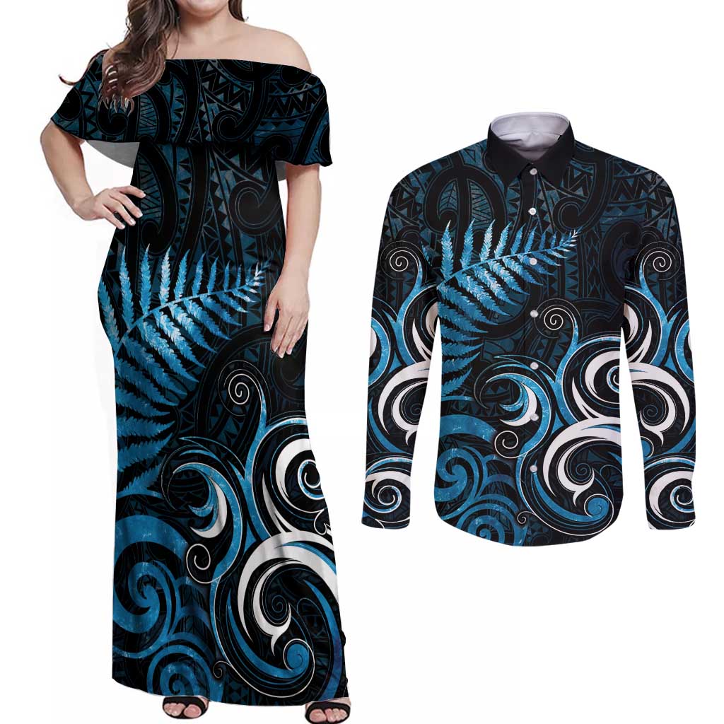New Zealand Sea Week Couples Matching Off Shoulder Maxi Dress and Long Sleeve Button Shirt Maori Wave Pattern Ocean Blue LT05 Blue - Polynesian Pride