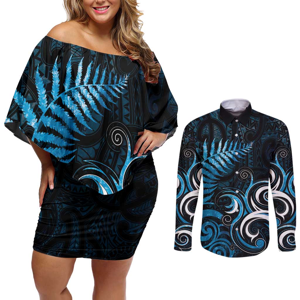 New Zealand Sea Week Couples Matching Off Shoulder Short Dress and Long Sleeve Button Shirt Maori Wave Pattern Ocean Blue LT05 Blue - Polynesian Pride