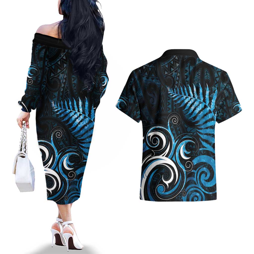 New Zealand Sea Week Couples Matching Off The Shoulder Long Sleeve Dress and Hawaiian Shirt Maori Wave Pattern Ocean Blue LT05 - Polynesian Pride