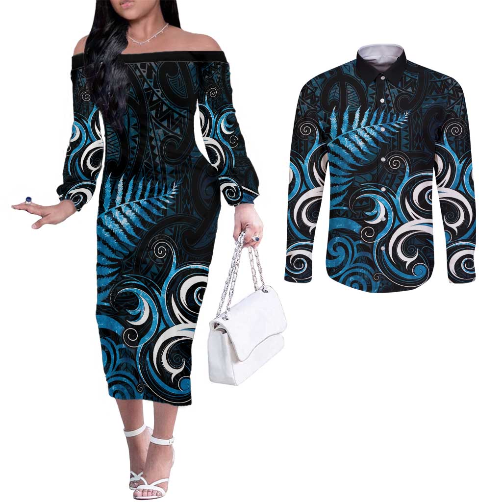 New Zealand Sea Week Couples Matching Off The Shoulder Long Sleeve Dress and Long Sleeve Button Shirt Maori Wave Pattern Ocean Blue LT05 Blue - Polynesian Pride