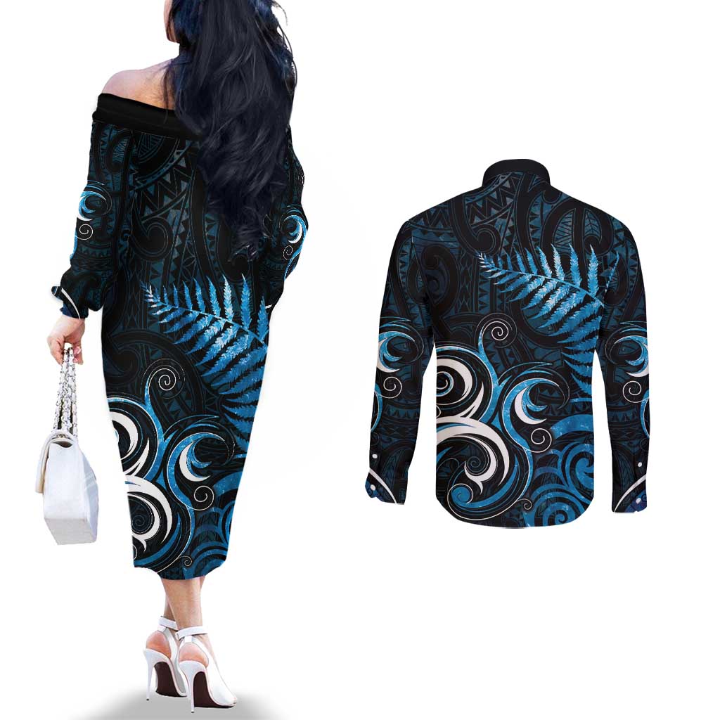 New Zealand Sea Week Couples Matching Off The Shoulder Long Sleeve Dress and Long Sleeve Button Shirt Maori Wave Pattern Ocean Blue LT05 - Polynesian Pride