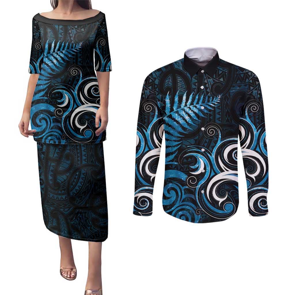 New Zealand Sea Week Couples Matching Puletasi and Long Sleeve Button Shirt Maori Wave Pattern Ocean Blue LT05 Blue - Polynesian Pride