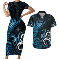 New Zealand Sea Week Couples Matching Short Sleeve Bodycon Dress and Hawaiian Shirt Maori Wave Pattern Ocean Blue LT05 Blue - Polynesian Pride