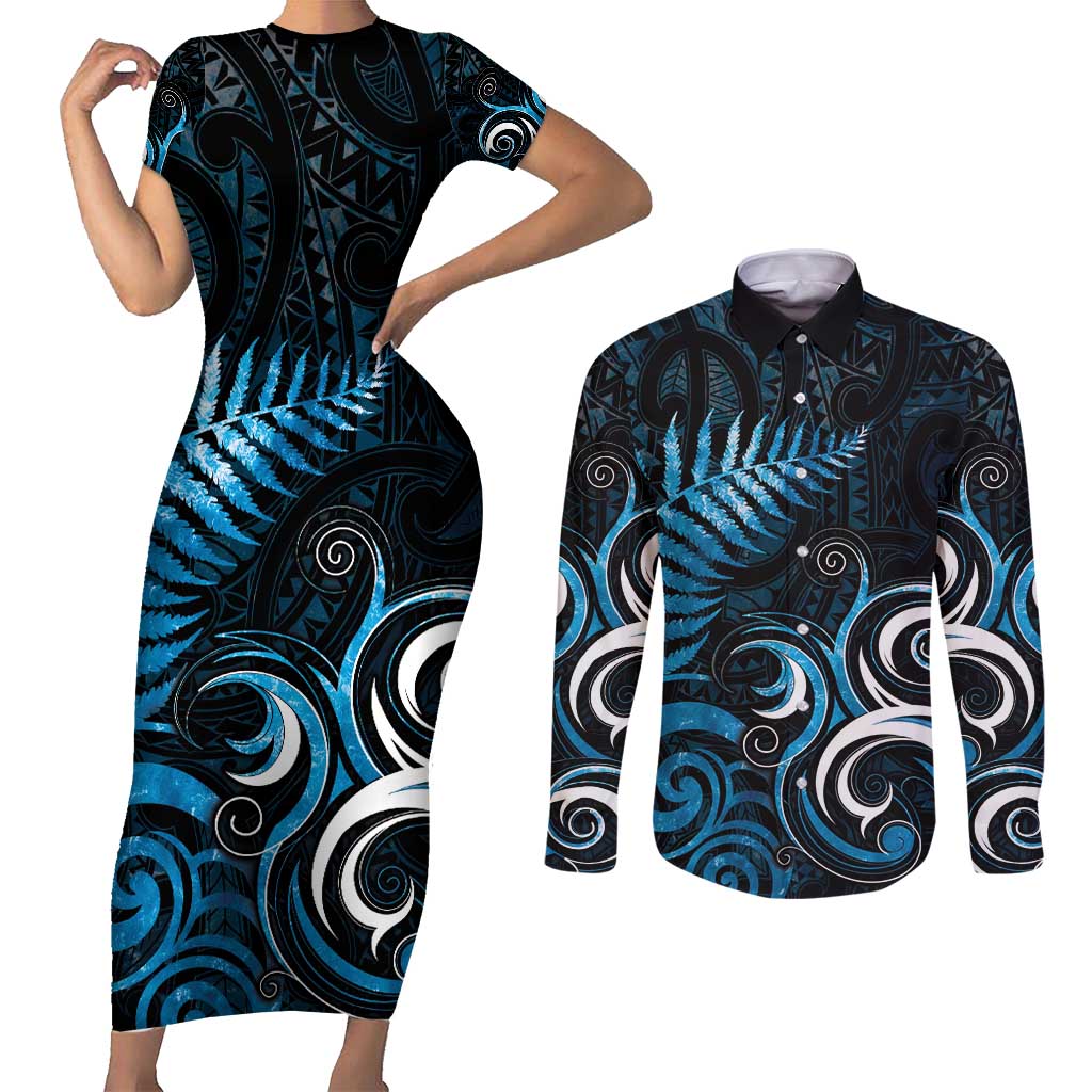 New Zealand Sea Week Couples Matching Short Sleeve Bodycon Dress and Long Sleeve Button Shirt Maori Wave Pattern Ocean Blue LT05 Blue - Polynesian Pride