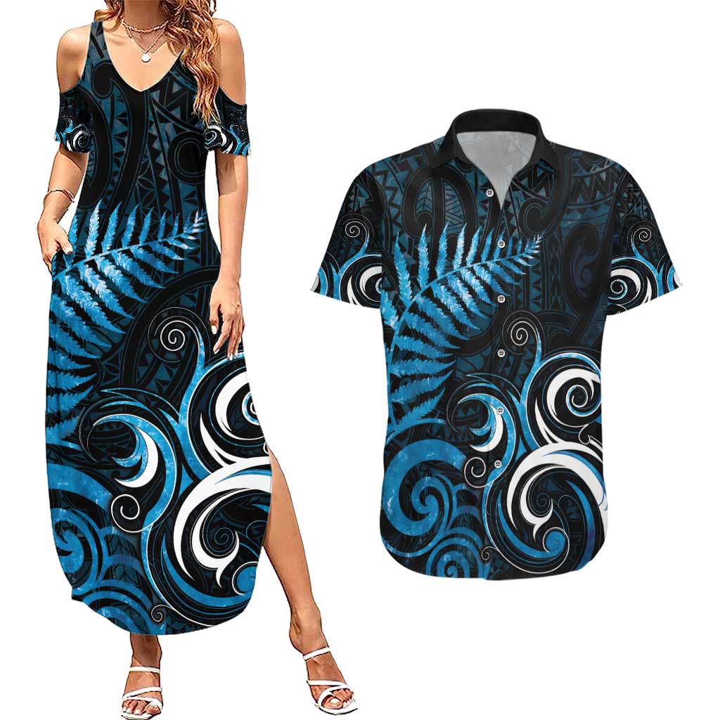 New Zealand Sea Week Couples Matching Summer Maxi Dress and Hawaiian Shirt Maori Wave Pattern Ocean Blue LT05 Blue - Polynesian Pride