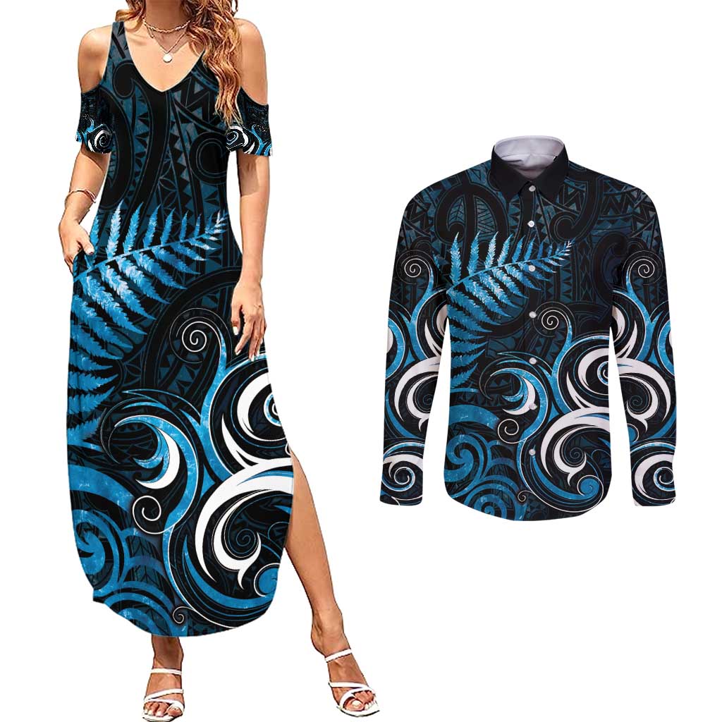 New Zealand Sea Week Couples Matching Summer Maxi Dress and Long Sleeve Button Shirt Maori Wave Pattern Ocean Blue LT05 Blue - Polynesian Pride