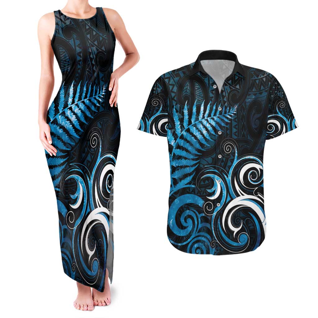 New Zealand Sea Week Couples Matching Tank Maxi Dress and Hawaiian Shirt Maori Wave Pattern Ocean Blue LT05 Blue - Polynesian Pride