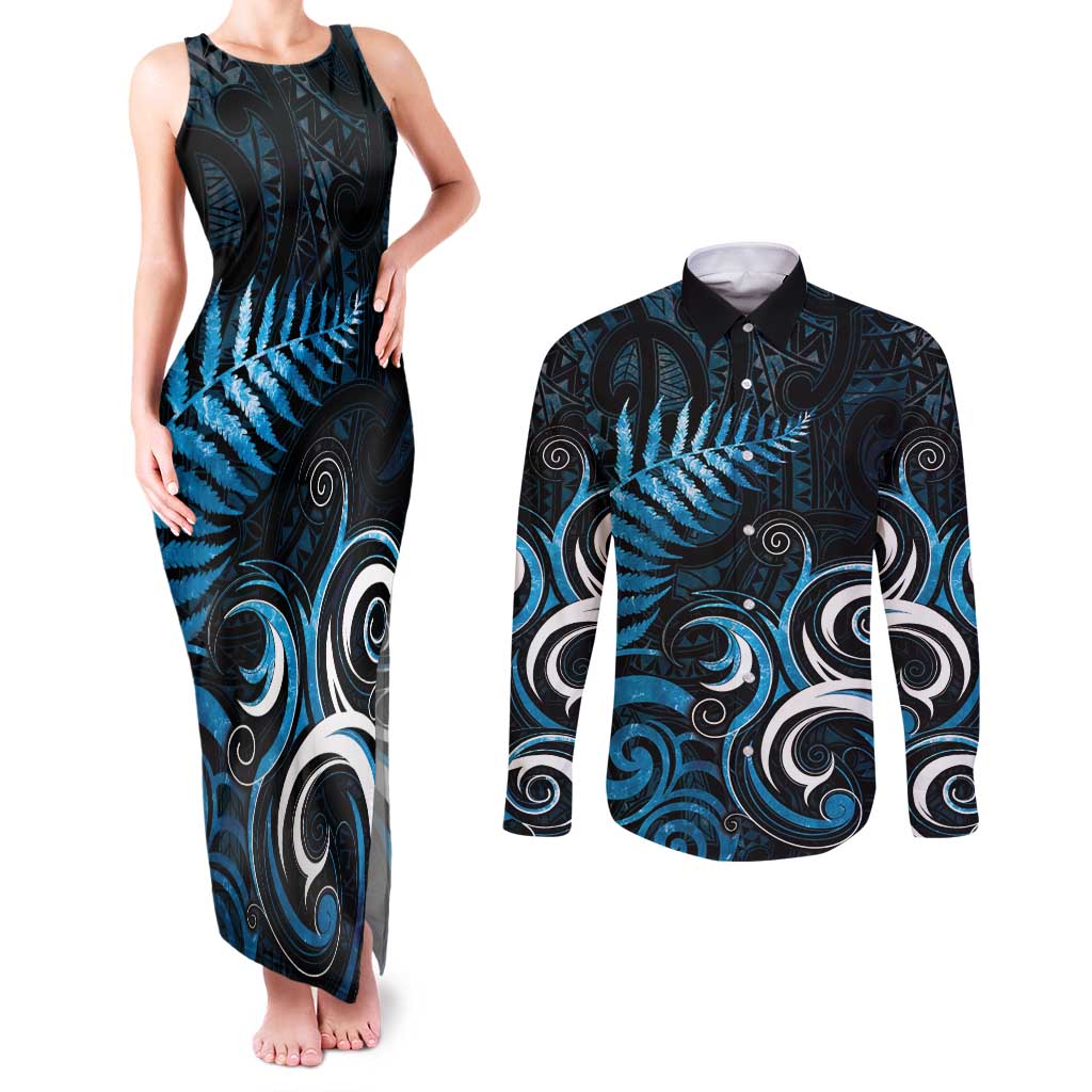 New Zealand Sea Week Couples Matching Tank Maxi Dress and Long Sleeve Button Shirt Maori Wave Pattern Ocean Blue LT05 Blue - Polynesian Pride